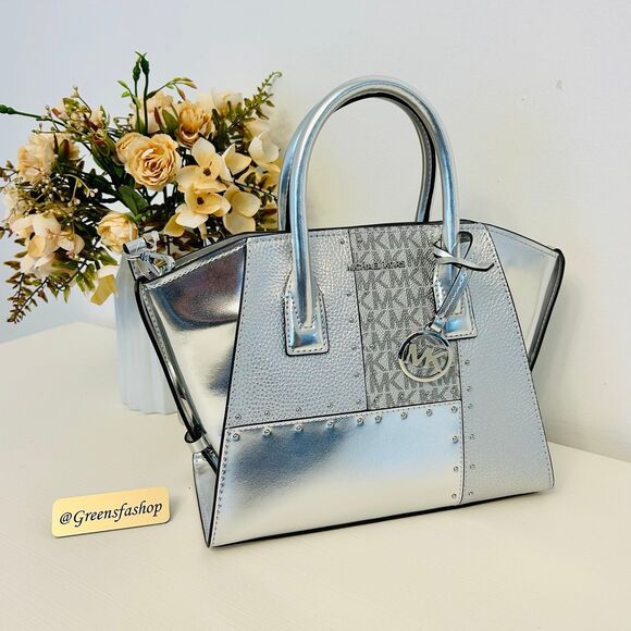 Michael Kors Purse Avril Small Leather Satchel Crossbody Bag Silver - Picture 1 of 11